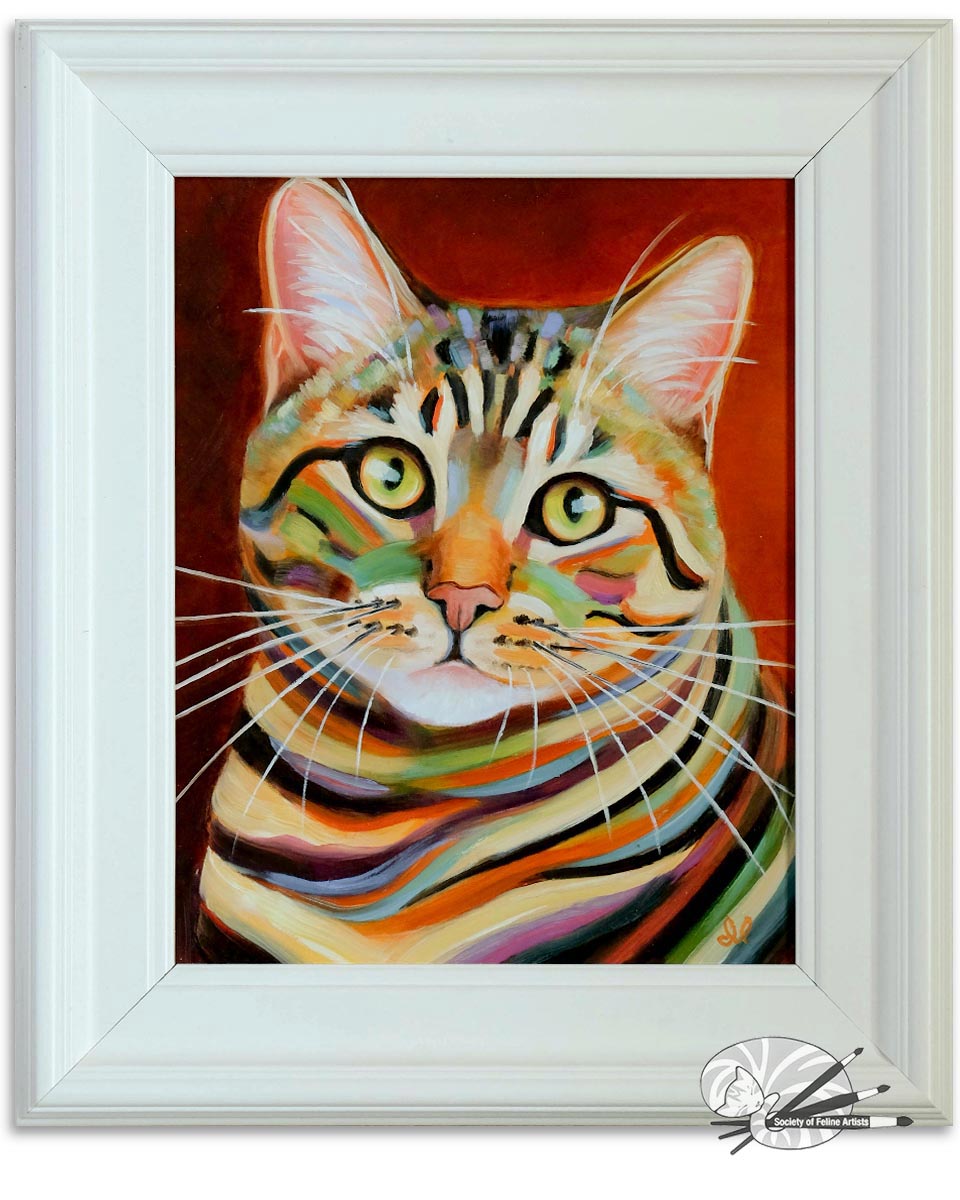 Colorful painting of a tabby cat in a white frame