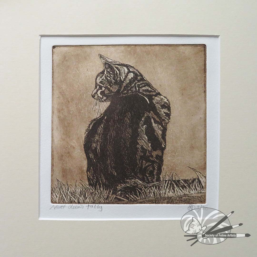 An mounted etching of a cat sitting on grass with a textured background by Avril Sleeman