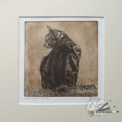 An mounted etching of a cat sitting on grass with a textured background by Avril Sleeman