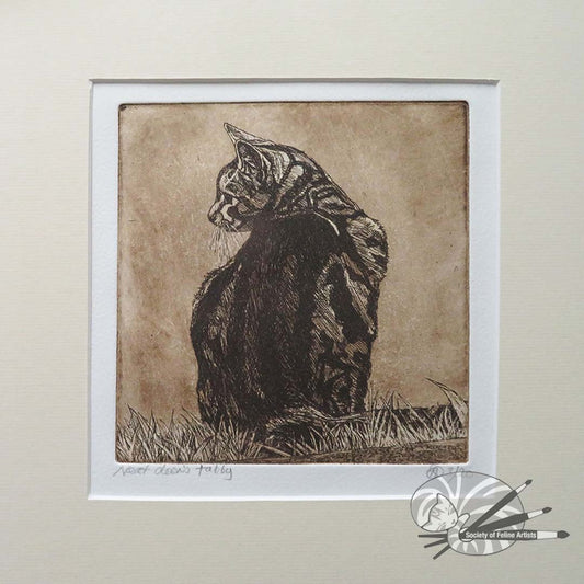An mounted etching of a cat sitting on grass with a textured background by Avril Sleeman