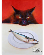Load image into Gallery viewer, Painting of a black cat with a fish on a red background
