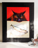 Load image into Gallery viewer, Framed artwork of a black cat with a fish on a red background in a sunny room
