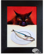Load image into Gallery viewer, Framed artwork of a cheeky black cat cat looking at a fish on a plate with a red background

