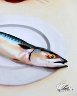 Load image into Gallery viewer, close up of a painting of a cat and a fish
