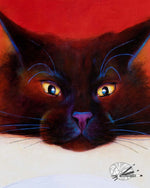Load image into Gallery viewer, Close-up of a black cat with yellow eyes on a red and beige background
