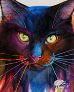 Load image into Gallery viewer, Colorful painting of a black cat with vibrant eyes and colourful whiskers.
