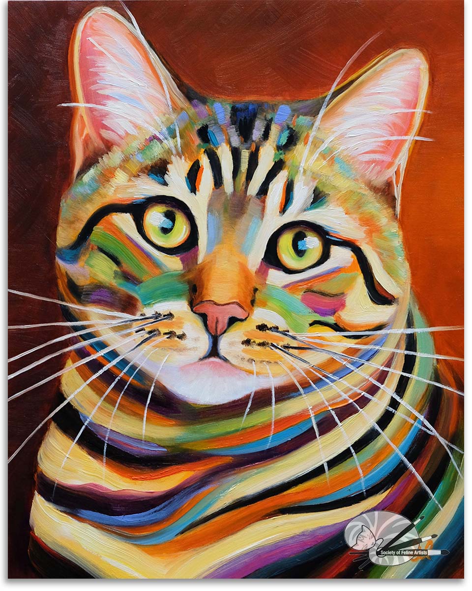 Colorful abstract portrait of a tabby  on a brown background