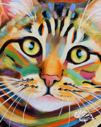 Colorful painting of a tabby cat's face with vibrant colors, showing the details of the oil paint and brushmarks