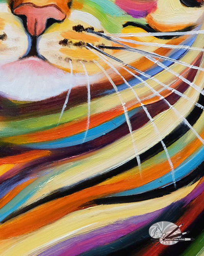 Close up detail of a colourful painting of a tabby cat, showing the brushmarks