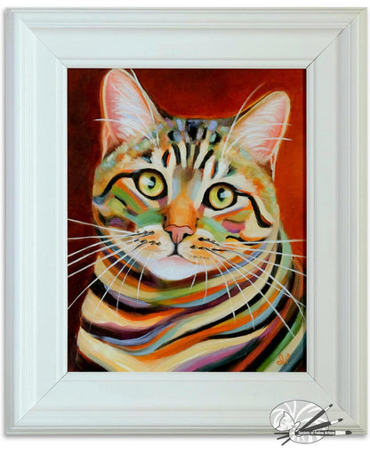 Colorful painting of a tabby cat in a white frame