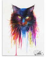 Load image into Gallery viewer, Colorful watercolour painting of a  long-haired black cat's face on a white background. He has big green eyes and colourful whiskers
