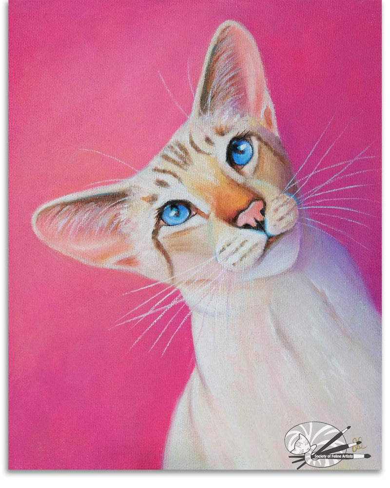 Painting of a siamese cat looking up with big blue eyes on a pink background