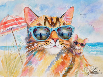 A watercolour of a tabby cat on the beach with his friend the mouse