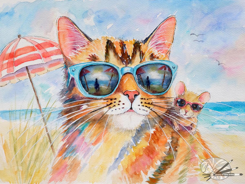 A watercolour of a tabby cat on the beach with his friend the mouse