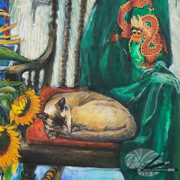 The Cat And The Birdcage With Sunflowers