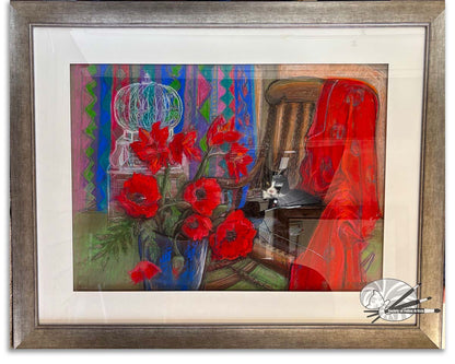 Black Cat and Poppies Still Life