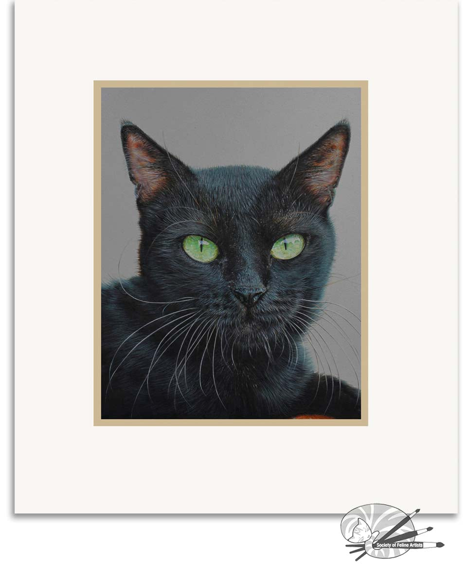 Framed artwork of a black cat with green eyes on a gray background