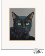 Load image into Gallery viewer, Framed artwork of a black cat with green eyes on a gray background
