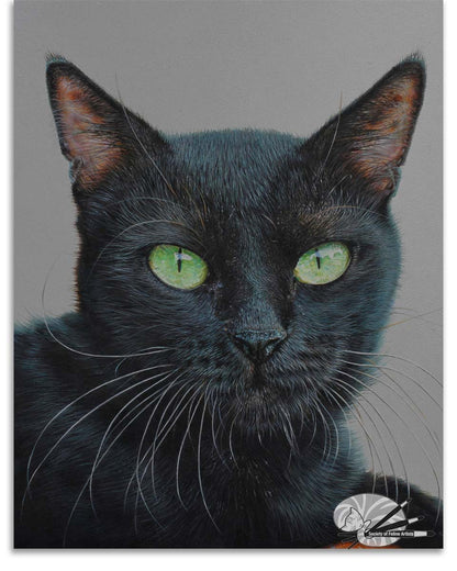 A detailed painting of a black cat with green eyes on a gray background