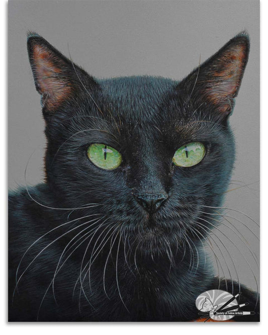 A detailed painting of a black cat with green eyes on a gray background