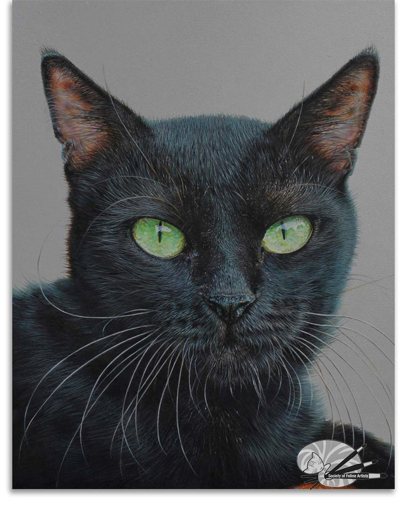 A detailed painting of a black cat with green eyes on a gray background