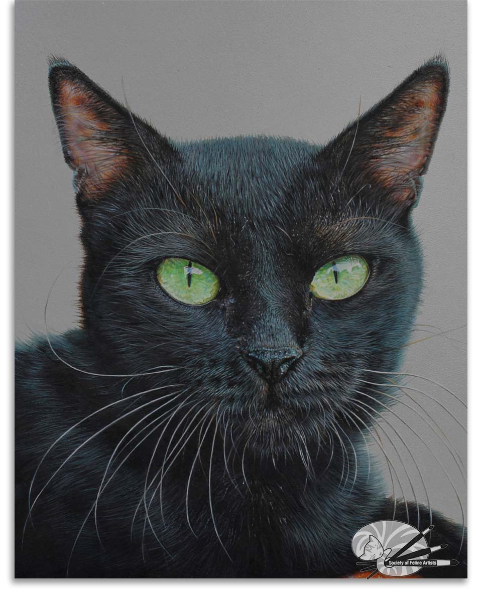 A detailed painting of a black cat with green eyes on a gray background