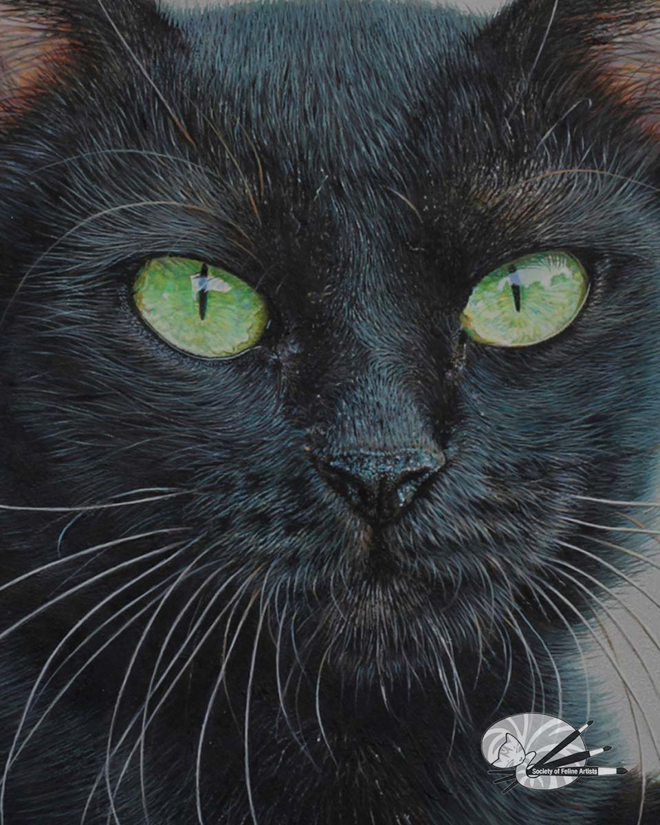 Close-up of a painting of a black cat with green eyes, showing the detail in his fir and whiskers.