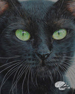 Load image into Gallery viewer, Close-up of a painting of a black cat with green eyes, showing the detail in his fir and whiskers.
