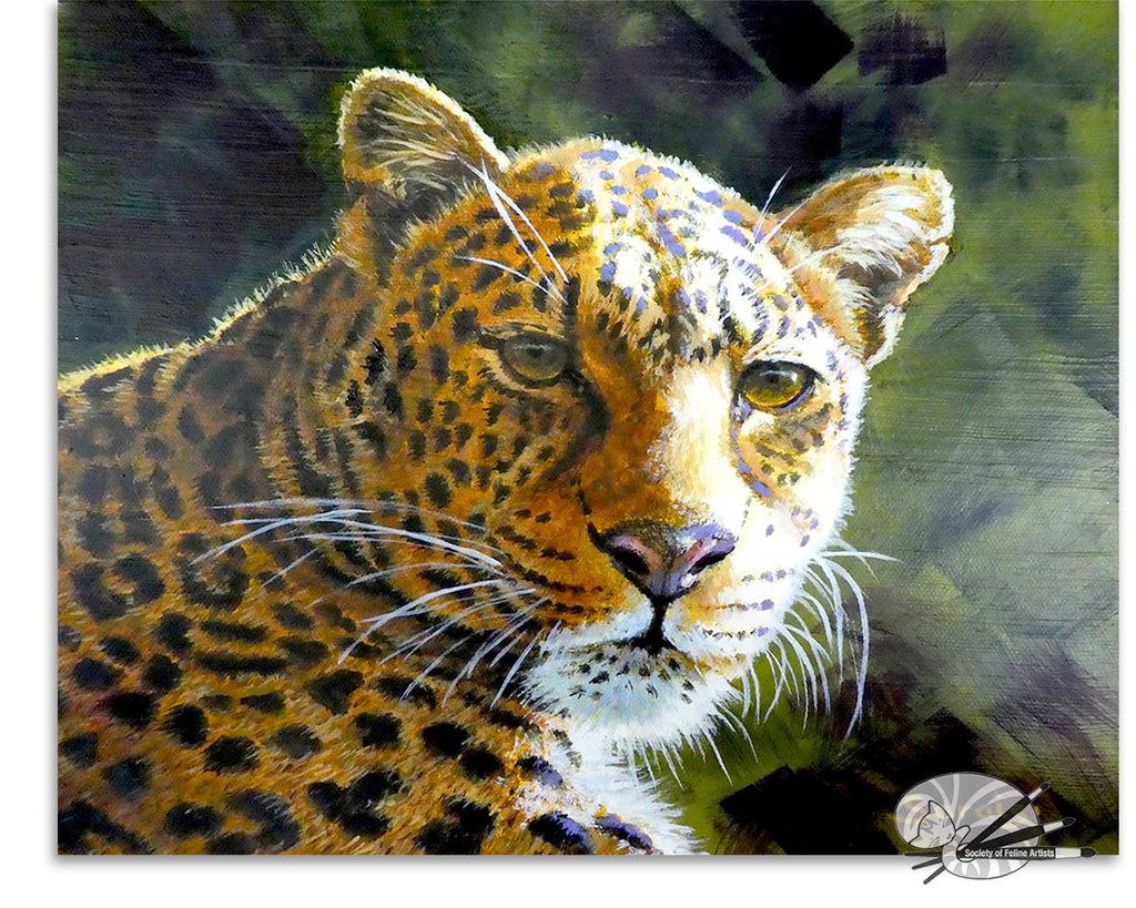Close-up painting of a leopard with a detailed background