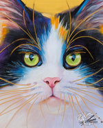 Load image into Gallery viewer, Close up of a painting of a cat with green eyes and gold whiskers
