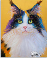 Load image into Gallery viewer, Colorful painting of a black and white long haired cat with green eyes on a gold background
