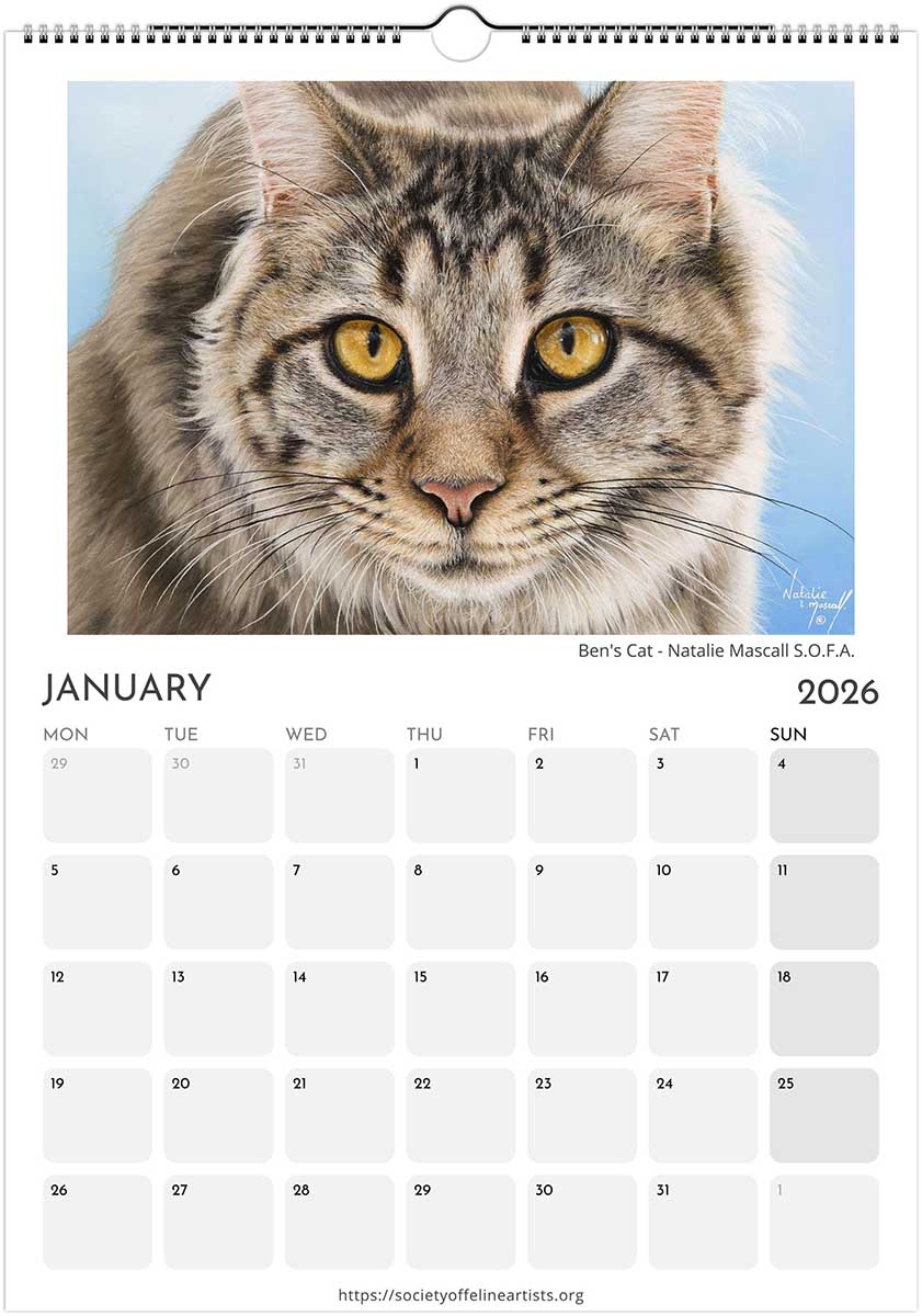 Calendar page for January 2026 featuring a cat with a blue gradient background.