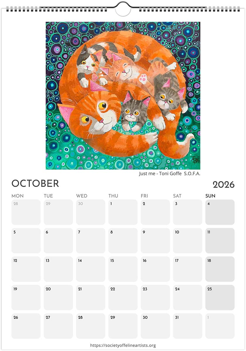 Calendar page for October 2026 with a colorful illustration of cats and an orange cat on a abstract background.