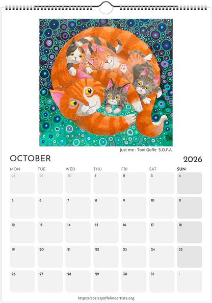 Calendar page for October 2026 with a colorful illustration of cats and an orange cat on a abstract background.