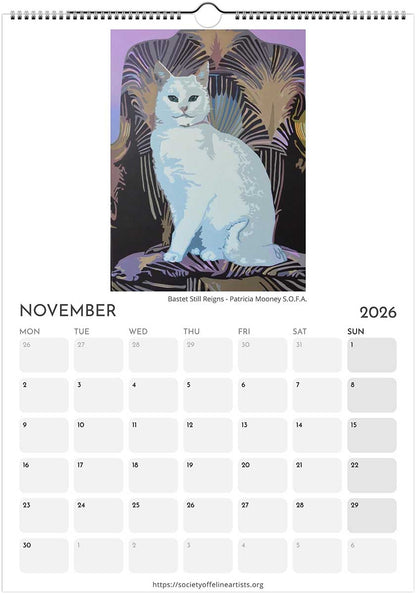 Calendar page for November 2026 featuring a white cat painting by Patricia Mooney.