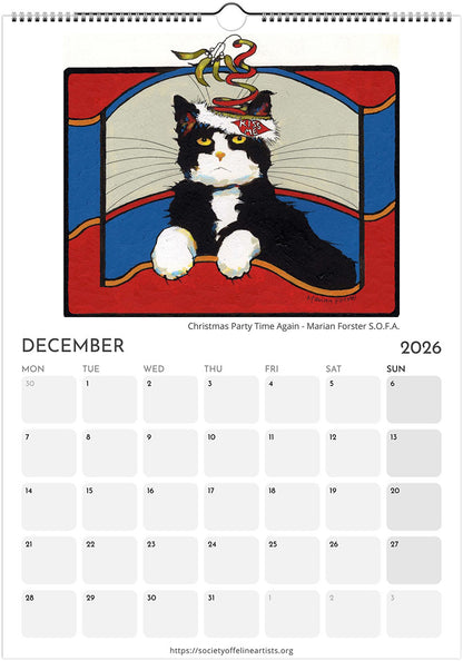 Calendar page for December 2026 featuring a tuxedo cat illustration with a red border.