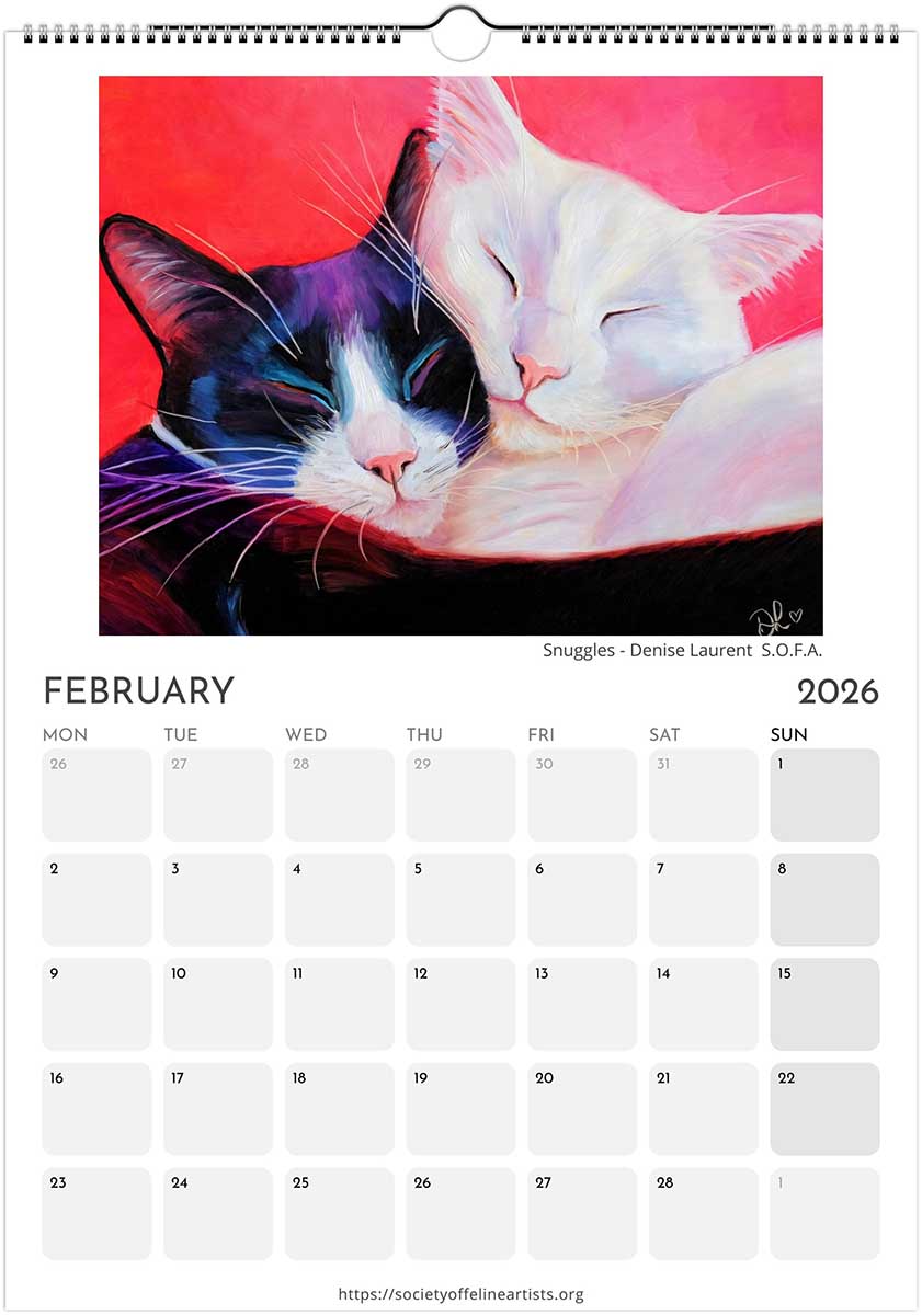 Calendar page for February 2026 featuring two cats snuggling with a red background.