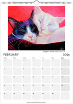 Load image into Gallery viewer, Calendar page for February 2026 featuring two cats snuggling with a red background.
