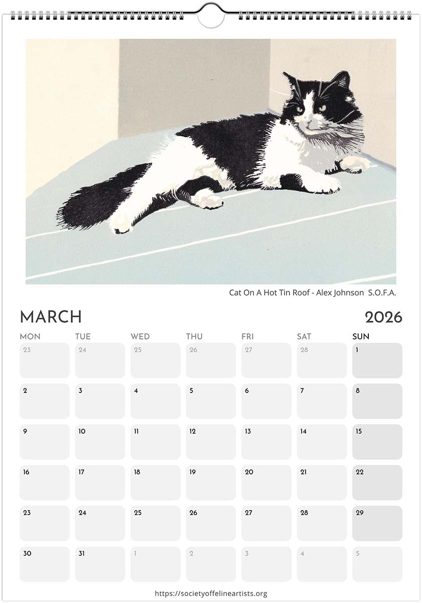 Calendar page for March 2026 featuring a black and white cat on a hot tin roof illustration.
