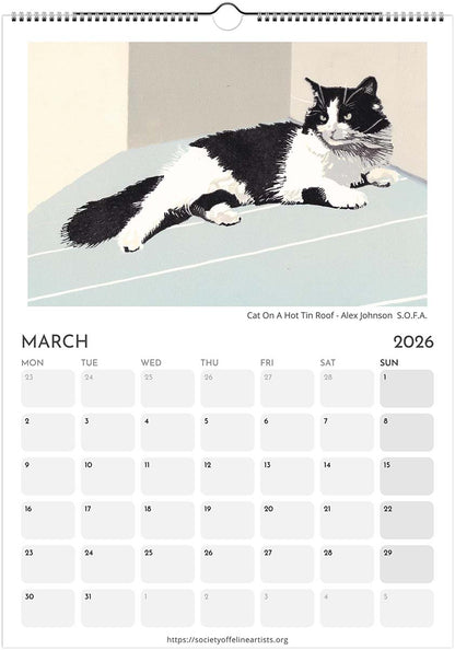 Calendar page for March 2026 featuring a black and white cat on a hot tin roof illustration.
