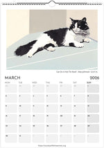 Load image into Gallery viewer, Calendar page for March 2026 featuring a black and white cat on a hot tin roof illustration.
