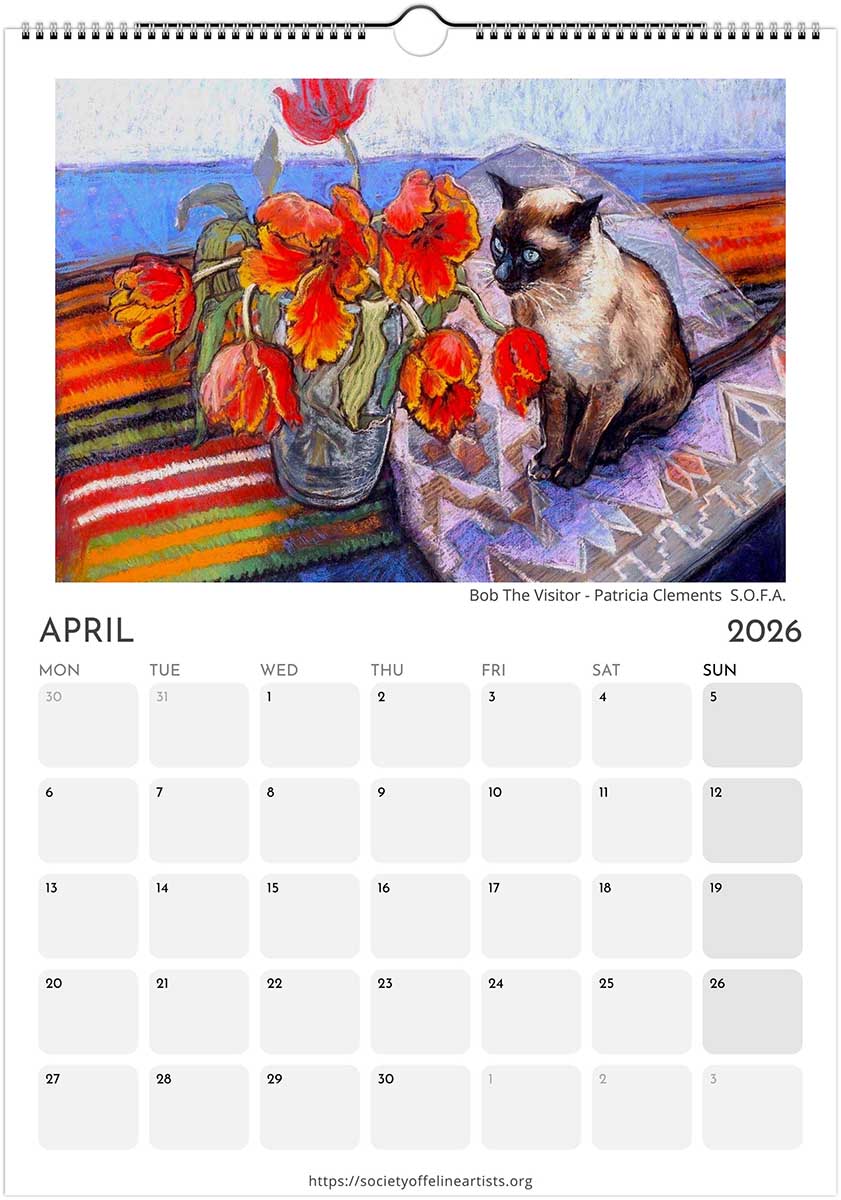 Calendar page for April 2026 featuring a painting of a cat and flowers.