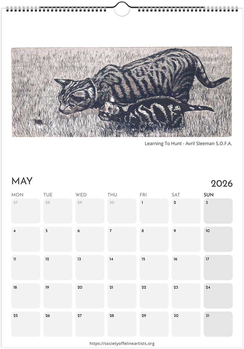 Calendar page for May 2026 with a black and white illustration of a cat and kitten, in the grass
