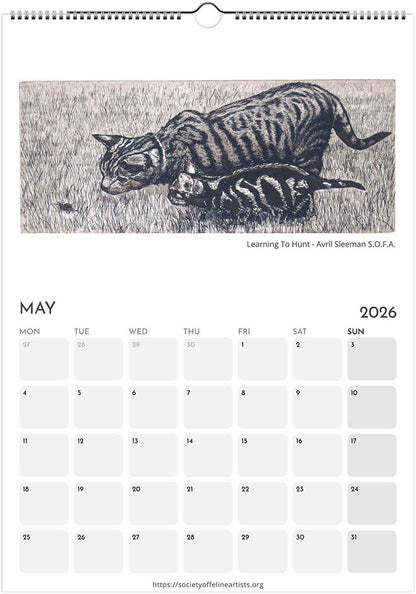 Calendar page for May 2026 with a black and white illustration of a cat and kitten, in the grass