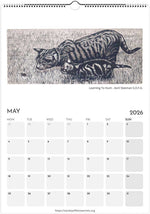 Load image into Gallery viewer, Calendar page for May 2026 with a black and white illustration of a cat and kitten, in the grass
