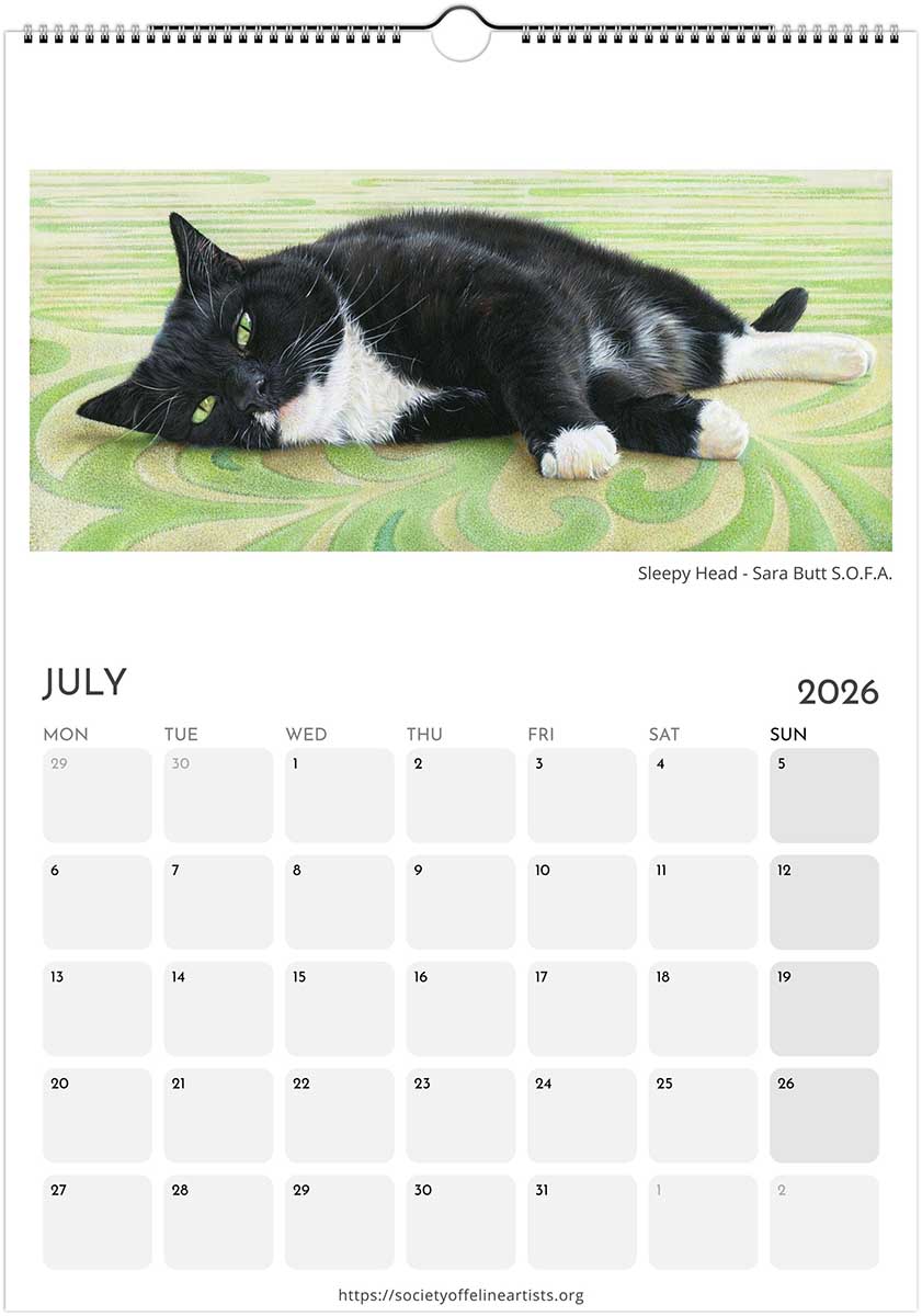 Calendar page for July 2026 featuring a black and white cat on a green surface.