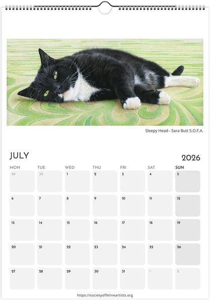 Calendar page for July 2026 featuring a black and white cat on a green surface.