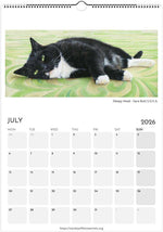 Load image into Gallery viewer, Calendar page for July 2026 featuring a black and white cat on a green surface.
