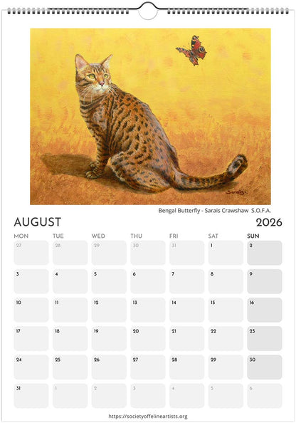 Calendar page for August 2026 featuring a cat and butterfly illustration.