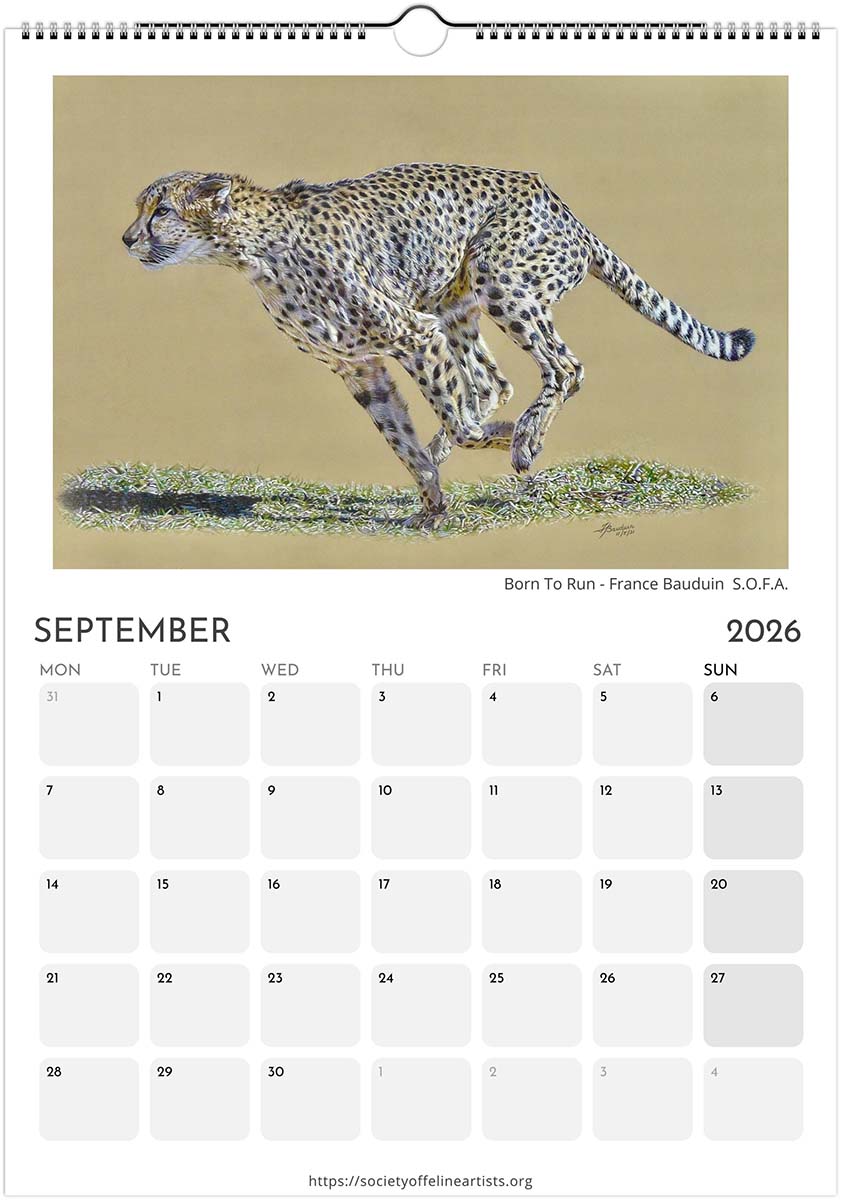 Calendar page for September 2026 with a cheetah illustration on a beige background